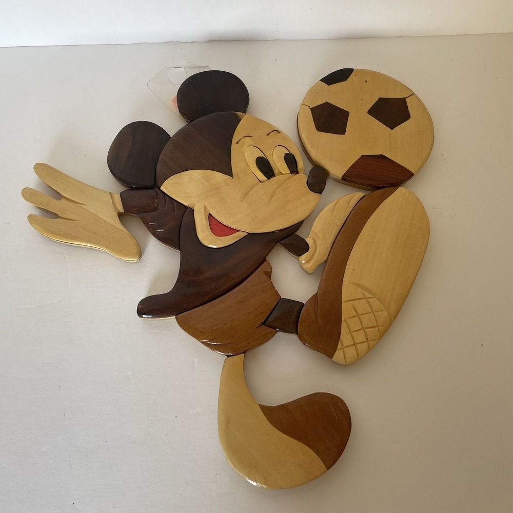 Vtg Mickey Mouse Intarsia Wood Carving Disney‎ Wall Art Kicking Soccer Ball - Picture 2 of 10